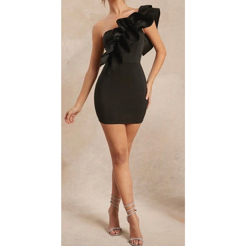 One Shoulder Black Bodycon Mini Dress – Ruffle Detail – Small (NWT)